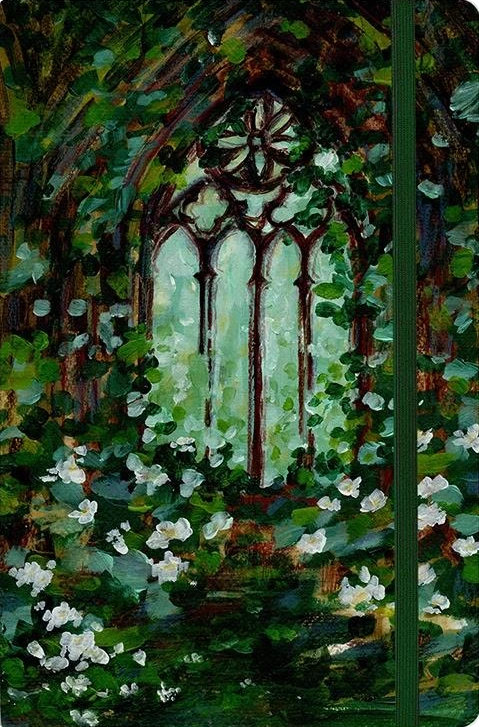 Notes Secret Garden: gotyckie okno wśród zieleni i białych kwiatów